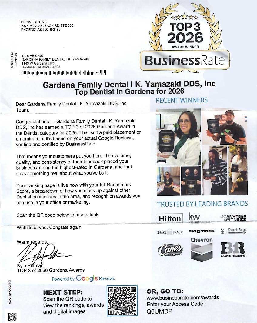 Business-Rate-Letter Award letter naming Gardena Family Dental in Gardena, CA a Top 3 Dentist for 2026, with photos and company logos.