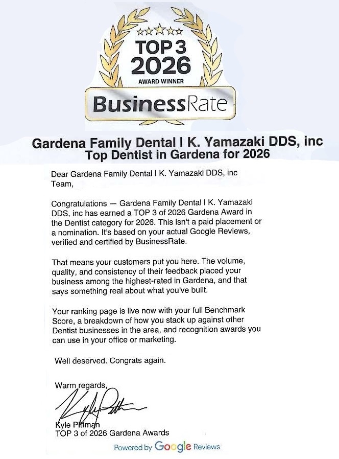 Business Rate Letter announcing Gardena Family Dental as a Top 3 Dentist in Gardena for 2026, with a gold award badge.